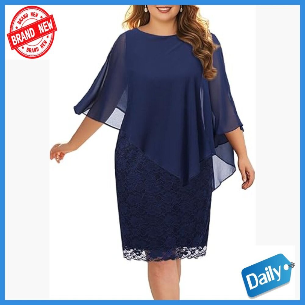 Plus Size Lace Cape Chiffon Overlay Cocktail Dress Semi Formal Wedding Guest